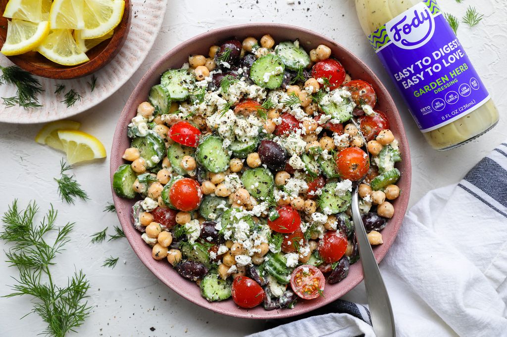 Low-FODMAP salad with Fody Foods Garden Herb Dressing